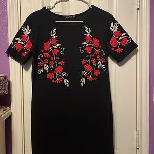 Black boohoo dress with red floral design